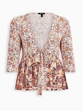 Torrid Size 6 Peach & Cream Floral Tie-Front Peplum Tunic